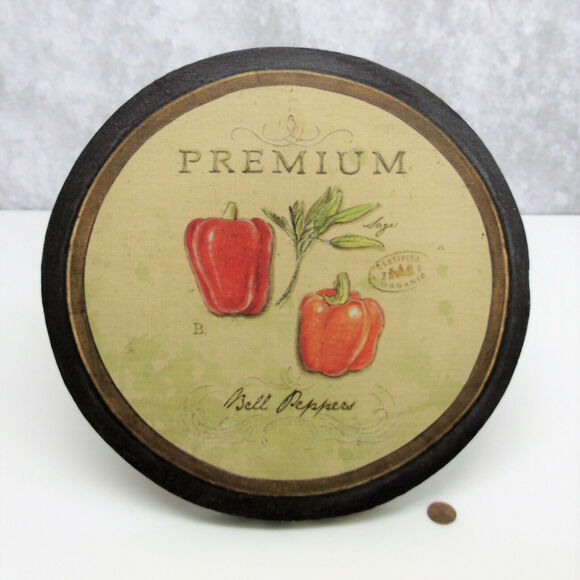 12" Round Canvas RED BELL PEPPERS & SAGE WALL ART Organic Food Kitchen Hanging! - Picture 1 of 5